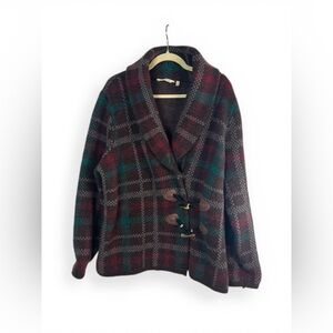 Soft Surroundings Wool Alpaca Shawl Collar Toggle Cardigan Jacket Plaid Boho XL